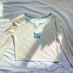 Butterfly Embroidered Ribbed Crop Tee